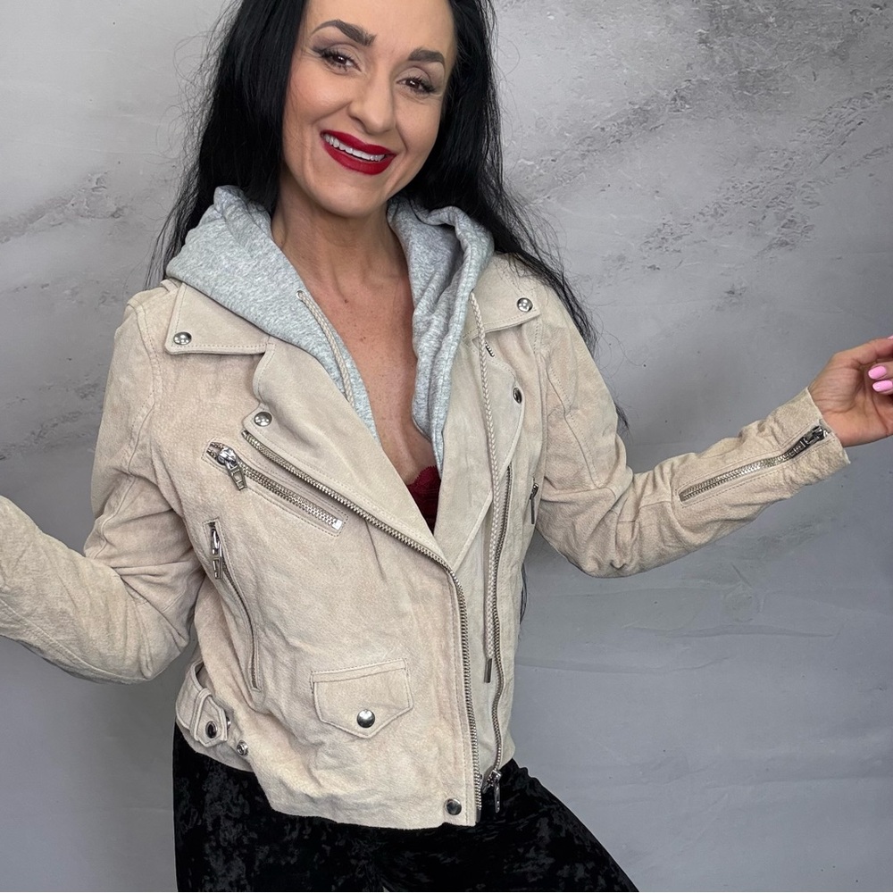 Cream Leather Biker Jacket with Asymmetrical Zipper